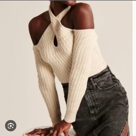 Abercrombie &Fitch Cream Cable Knit Off-Shoulder Sweater Size S #538 - Picture 1 of 3